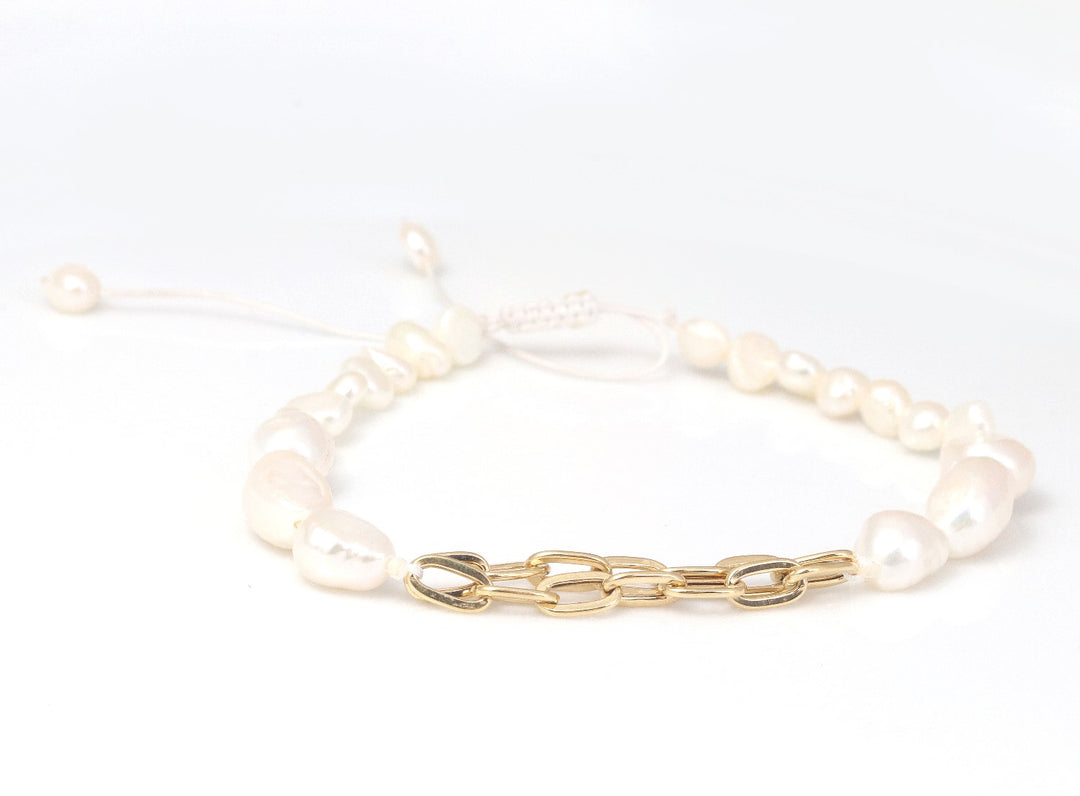 Chain and Pearl Bracelet (Double Chain) | Adjustable Bracelet | Stacking Bracelet | Valentine Gift | Pearl Jewellery | 18k Gold Bracelet