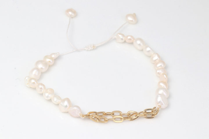 Chain and Pearl Bracelet (Double Chain) | Adjustable Bracelet | Stacking Bracelet | Valentine Gift | Pearl Jewellery | 18k Gold Bracelet