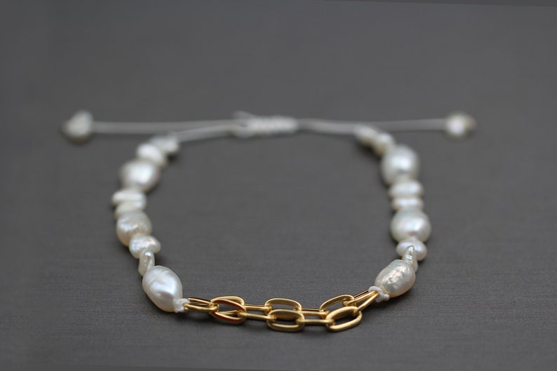 Chain and Pearl Bracelet (Double Chain) | Adjustable Bracelet | Stacking Bracelet | Valentine Gift | Pearl Jewellery | 18k Gold Bracelet